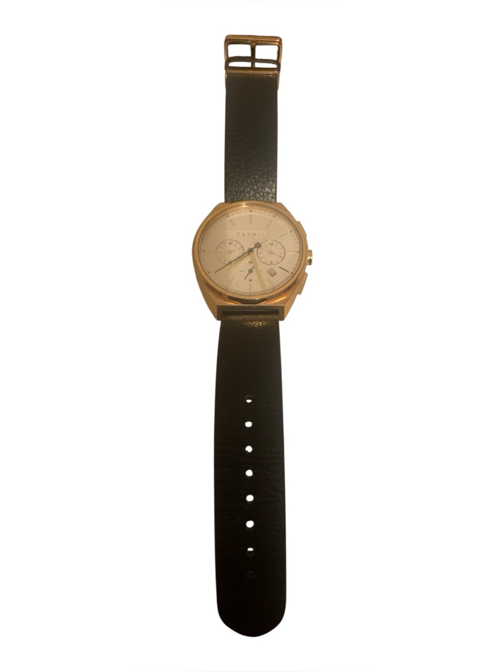 Esprit Gold and Black Leather Chronograph Watch with White Dial